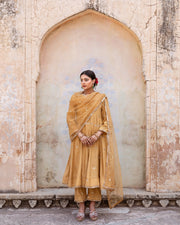 Gold Chand Patti Chandni Beige Muslin Anarkali Set With Organza Dupatta 2