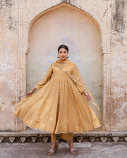 Gold Chand Patti Chandni Beige Muslin Anarkali Set With Organza Dupatta 4