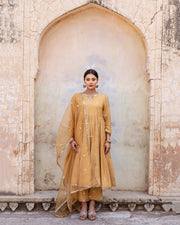 Gold Chand Patti Chandni Beige Muslin Anarkali Set With Organza Dupatta 5
