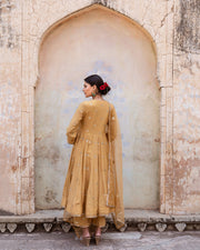 Gold Chand Patti Chandni Beige Muslin Anarkali Set With Organza Dupatta 9