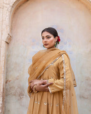 Gold Chand Patti Chandni Beige Muslin Anarkali Set With Organza Dupatta 1