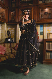 Gold Chand Patti Chandni Black Muslin Anarkali Set With Organza Dupatta 1