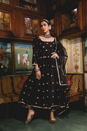 Gold Chand Patti Chandni Black Muslin Anarkali Set With Organza Dupatta 4