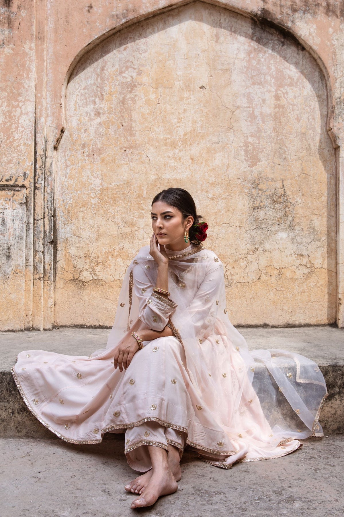 Gold Chand Patti Chandni Pink Muslin Anarkali Set With Organza Dupatta
