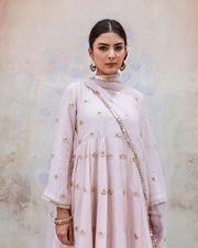Gold Chand Patti Chandni Pink Muslin Anarkali Set With Organza Dupatta 2