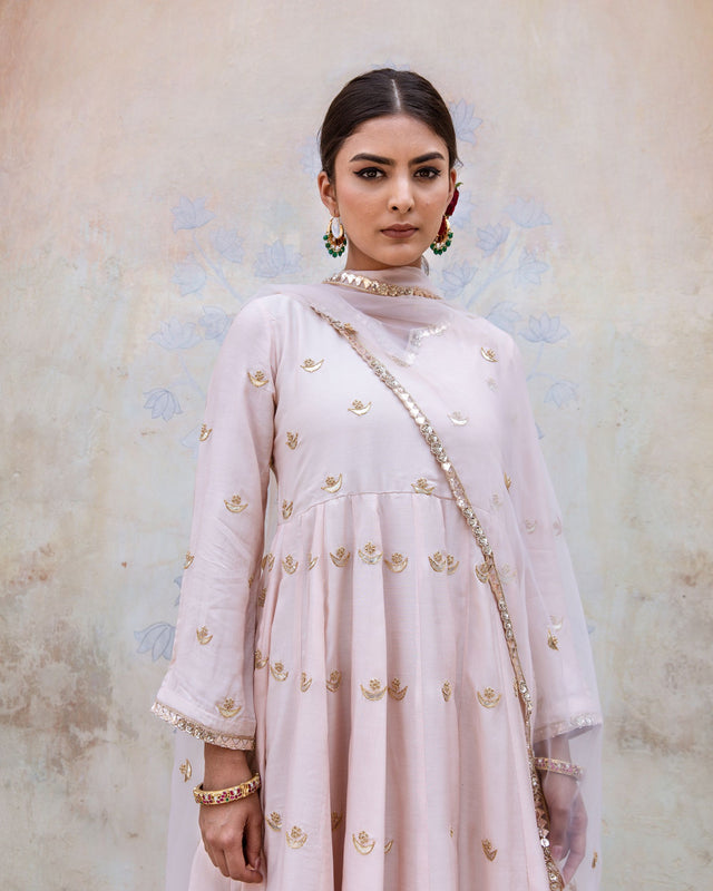 Gold Chand Patti Chandni Pink Muslin Anarkali Set With Organza Dupatta