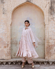 Gold Chand Patti Chandni Pink Muslin Anarkali Set With Organza Dupatta 5