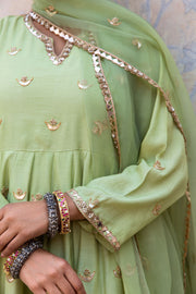 Gold Chand Patti Chandni Pista Muslin Anarkali Set With Organza Dupatta 2