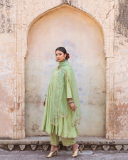 Gold Chand Patti Chandni Pista Muslin Anarkali Set With Organza Dupatta 5