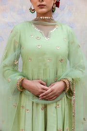 Gold Chand Patti Chandni Pista Muslin Anarkali Set With Organza Dupatta 8