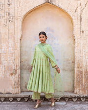Gold Chand Patti Chandni Pista Muslin Anarkali Set With Organza Dupatta 3