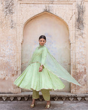 Gold Chand Patti Chandni Pista Muslin Anarkali Set With Organza Dupatta 1