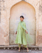 Gold Chand Patti Chandni Pista Muslin Anarkali Set With Organza Dupatta 4