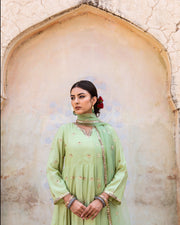 Gold Chand Patti Chandni Pista Muslin Anarkali Set With Organza Dupatta 7