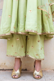 Gold Chand Patti Chandni Pista Muslin Anarkali Set With Organza Dupatta 6