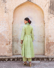 Gold Chand Patti Chandni Pista Muslin Anarkali Set With Organza Dupatta 9