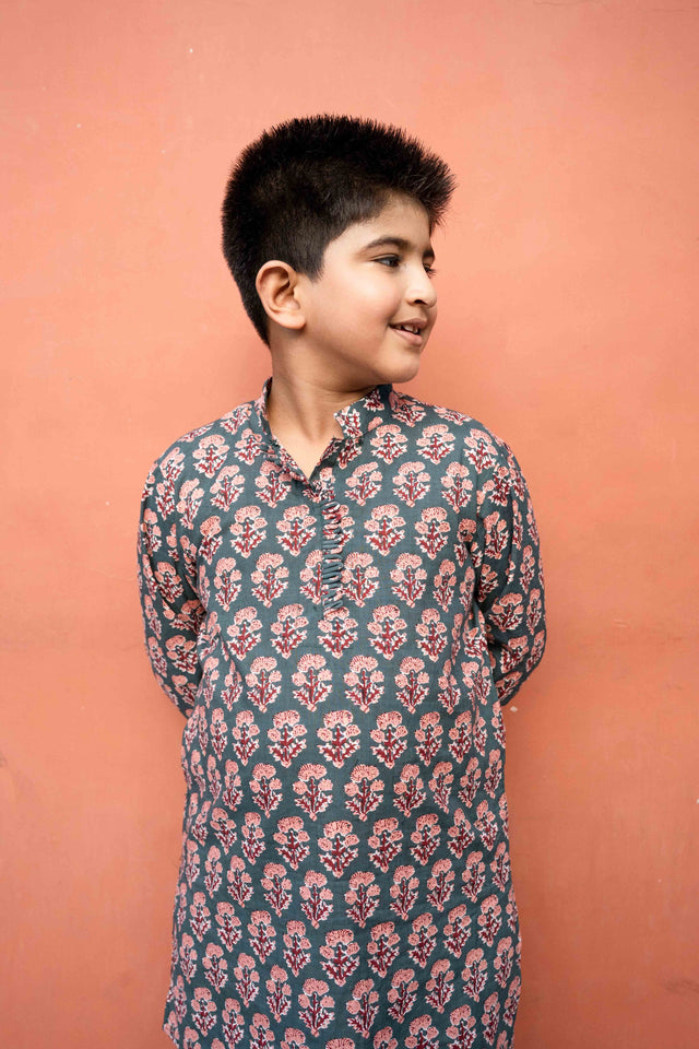 Chiku Green  Block Print Cotton Kurta Pant Set