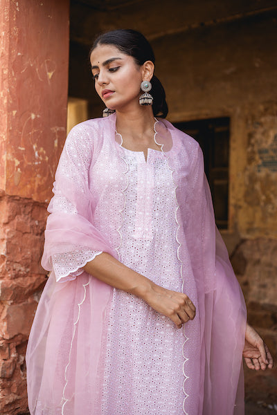 Classic Pink Chikan Set Gulabo Jaipur