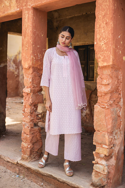 Classic Pink Chikan Set Gulabo Jaipur