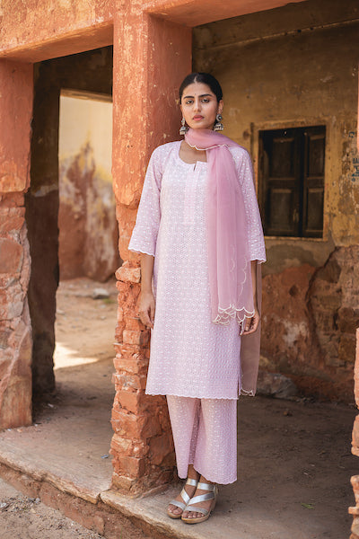 Classic Pink Chikan Set Gulabo Jaipur