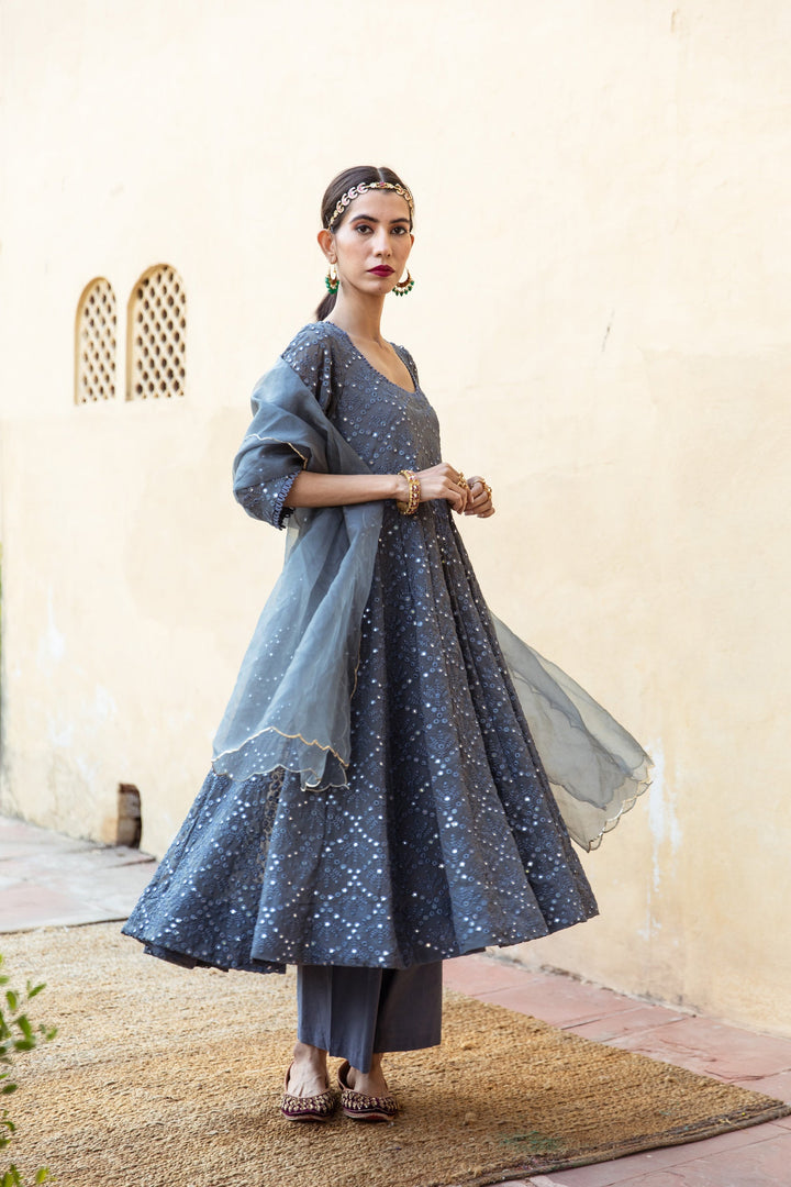 Damini Grey Anarkali Set Gulabo Jaipur