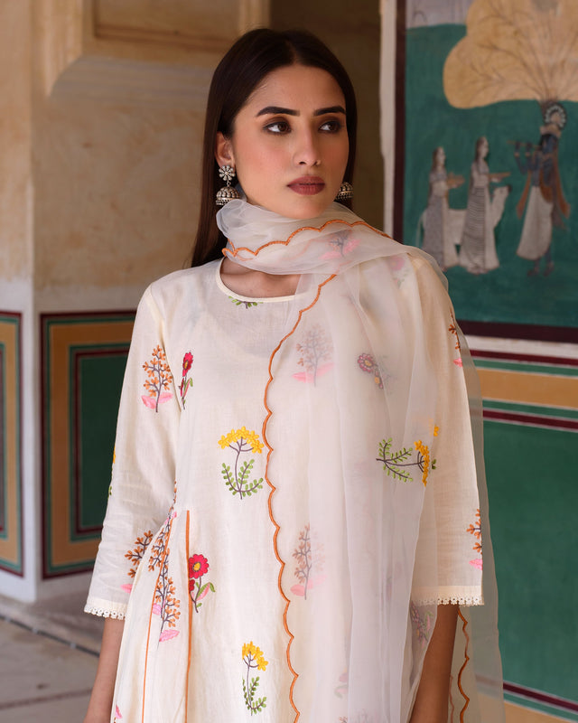 Deepika Cotton Anarkali Set With Chikan Pant And Organza Dupatta
