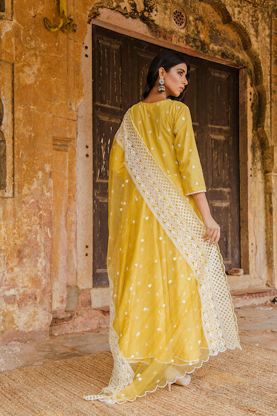 Yellow Anarkali Pants Suit Set - Gulabo Jaipur