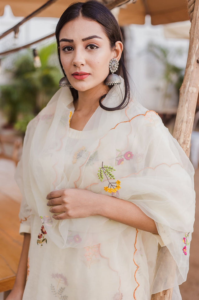 Deepika Cotton Straight Kurta Set With Chikan Pant And Organza Dupatta