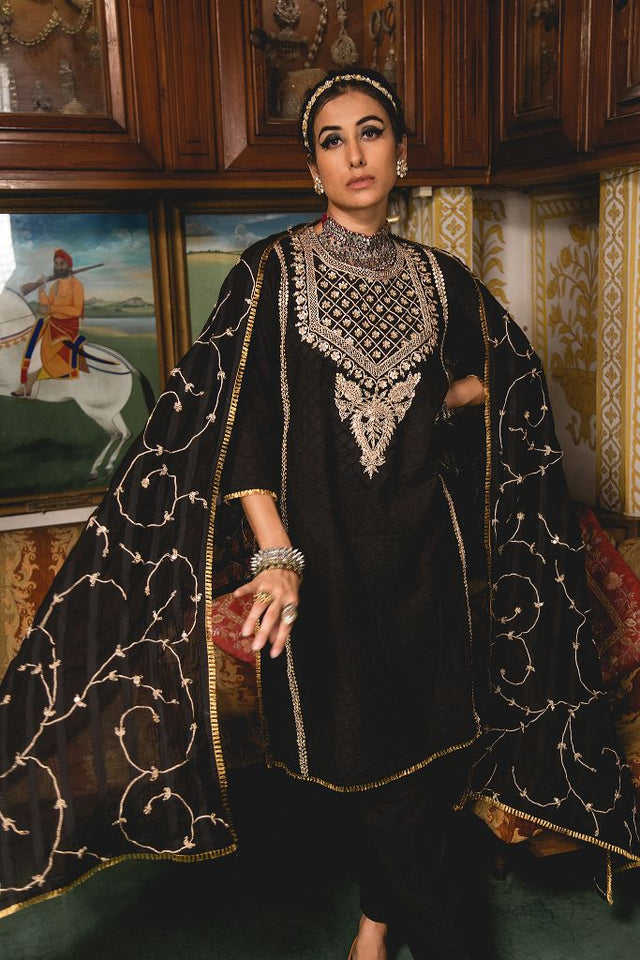 Gold Zardozi Emira Black Cottin Kurta Set With Cotton Dupatta