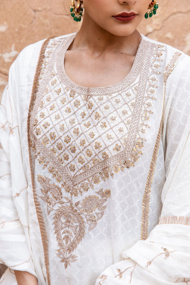Zardozi Neckline Emira Offwhite Cotton Straight Kurta Set With Dupatta
