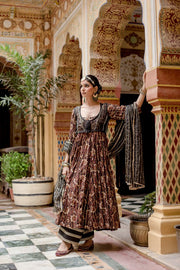 Cotton Printed Farah Black Anarkali Set With Organza Jacket And Dupatta 2