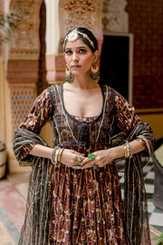 Cotton Printed Farah Black Anarkali Set With Organza Jacket And Dupatta 1