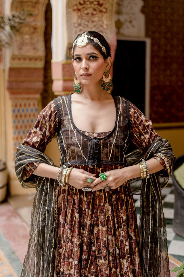Cotton Printed Farah Black Anarkali Set With Organza Jacket And Dupatta