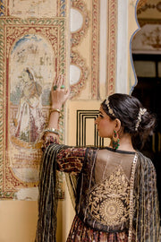 Cotton Printed Farah Black Anarkali Set With Organza Jacket And Dupatta 3