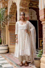 Cotton Printed Farah White Anarkali Set With Organza Jacket And Dupatta 2
