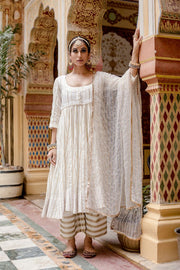 Cotton Printed Farah White Anarkali Set With Organza Jacket And Dupatta 1
