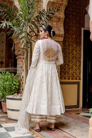 Cotton Printed Farah White Anarkali Set With Organza Jacket And Dupatta 3