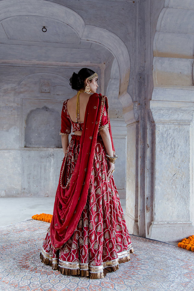 Tussar Satin Gayatri Red Lehenga With Dupatta