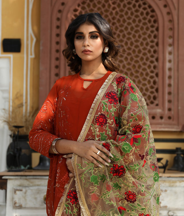 Georgette Gulnaz Burnt Orange Straight Kurta Set With Dupatta