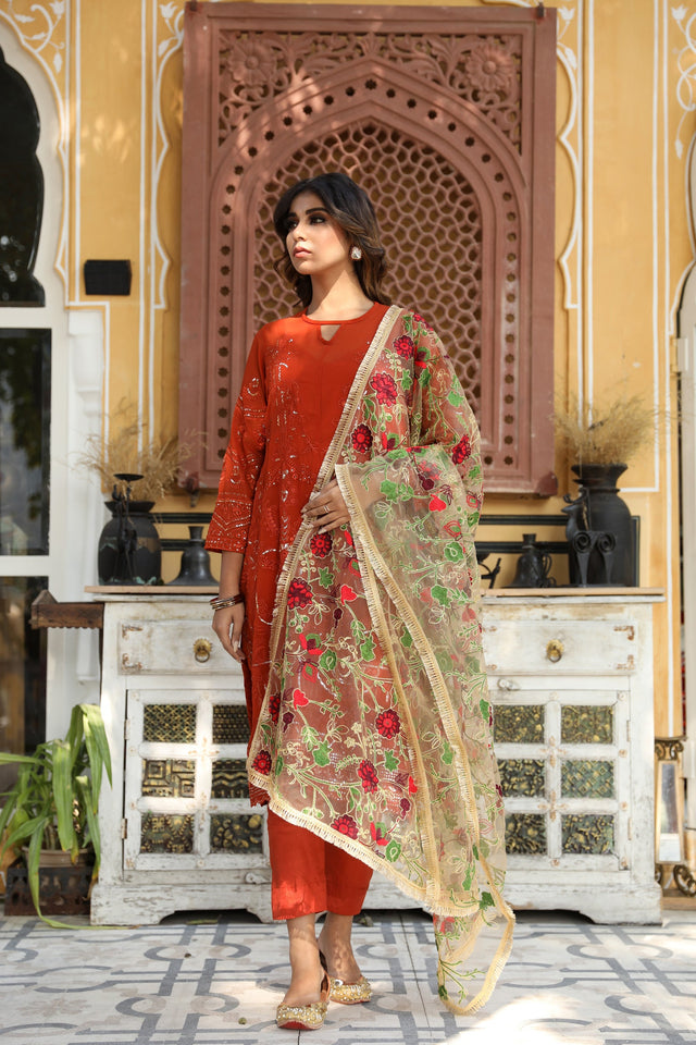 Georgette Gulnaz Burnt Orange Straight Kurta Set With Dupatta
