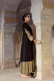 Tusser Satin Gulzar Detailed Sleeves Black Cotton Anarkali Set With Dupatta 4