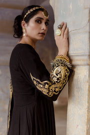 Tusser Satin Gulzar Detailed Sleeves Black Cotton Anarkali Set With Dupatta 6