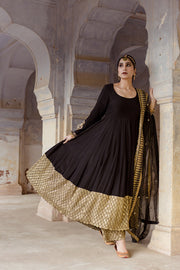 Tusser Satin Gulzar Detailed Sleeves Black Cotton Anarkali Set With Dupatta 5