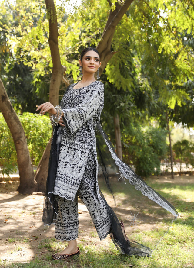 Chikan Hina Black Straight Kurta Set With Organza Dupatta