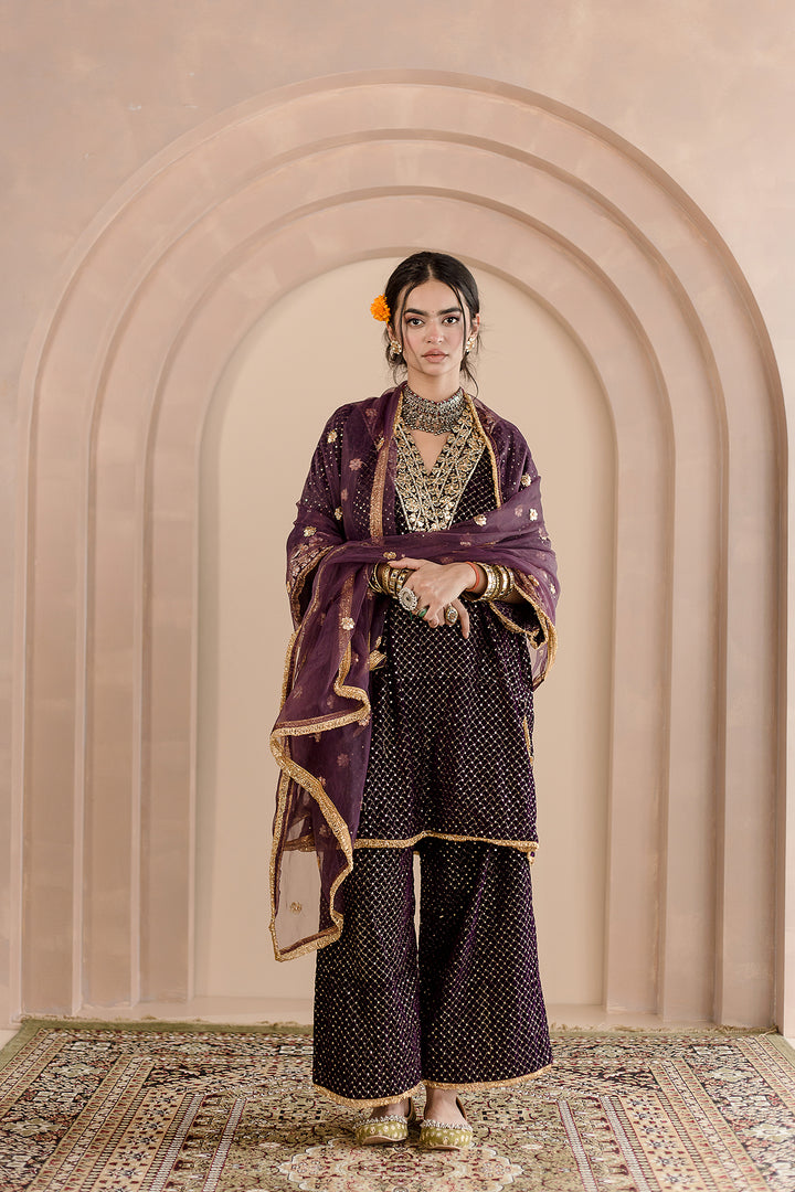 GOTA PATTI DETAILING GAUHAR PURPLE VELVET KURTA SET WITH ORGANZA DUPATTA