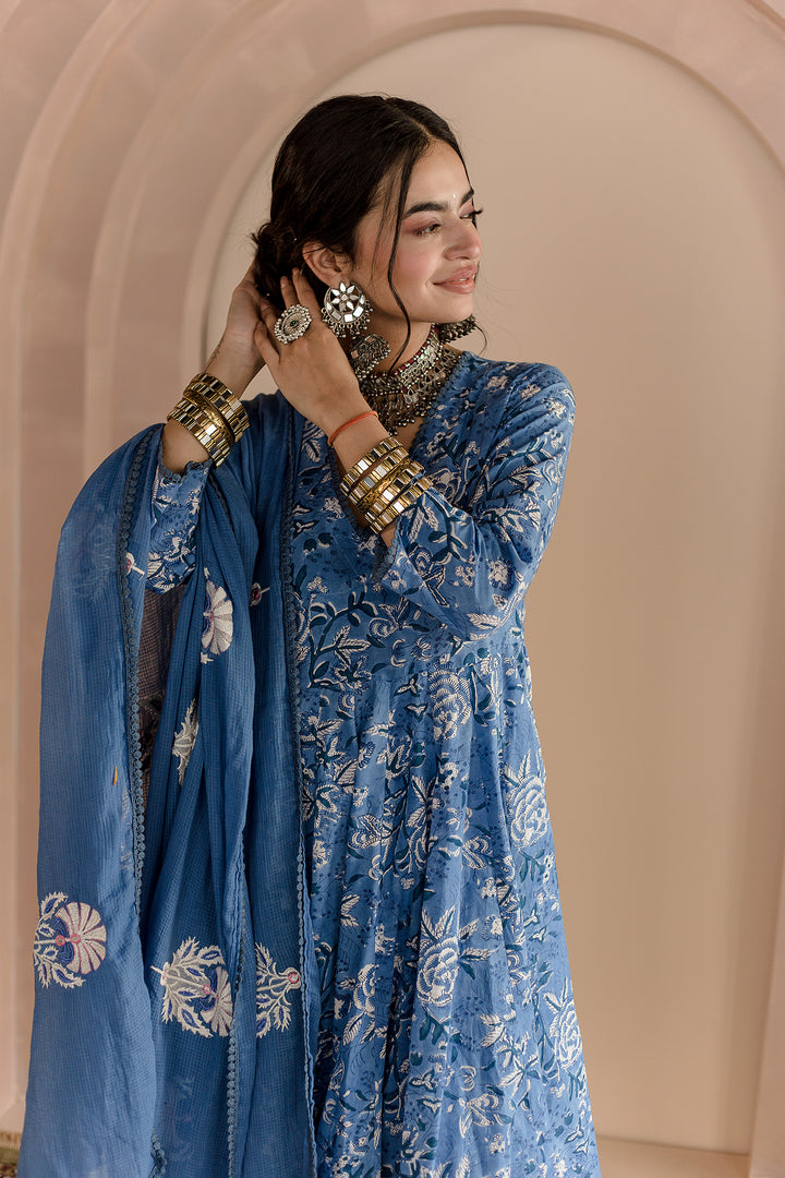 SHAILA BLUE COTTON ANARKALI SET WITH EMBROIDERED DORIYA DUPATTA
