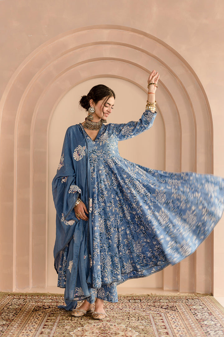 SHAILA BLUE COTTON ANARKALI SET WITH EMBROIDERED DORIYA DUPATTA