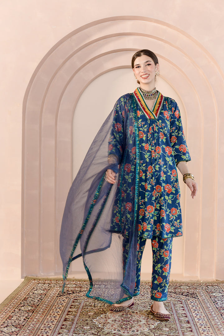 Machine Embroidered Neckline Tanvi Blue Straight Kurta Set With Organza Dupatta