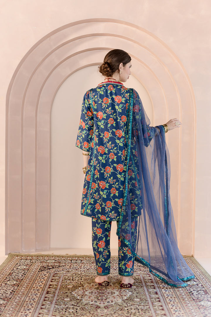 Machine Embroidered Neckline Tanvi Blue Straight Kurta Set With Organza Dupatta