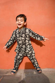Floral Handblock Kaju Black Cotton Kurta Pant Set 5